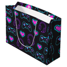 Neon Gamer Controller and Hearts Pattern Große Geschenktüte