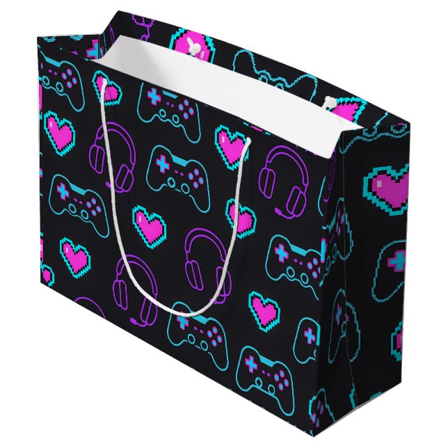 Neon Gamer Controller and Hearts Pattern Große Geschenktüte (Rückseite Schrägansicht)