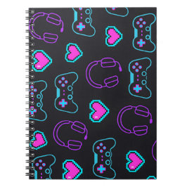 Neon Gamer Controller and Hearts Pattern Notizblock