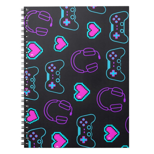 Neon Gamer Controller and Hearts Pattern Notizblock (Vorderseite)