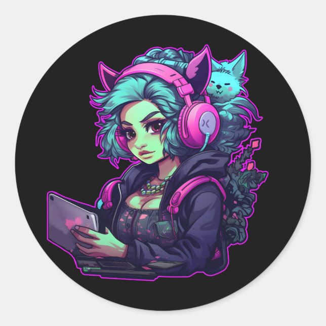 Neon gamer girl runder aufkleber (Vorderseite)