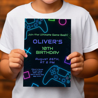 Neon Gamer Party - Videospiel Geburtstag Einladung