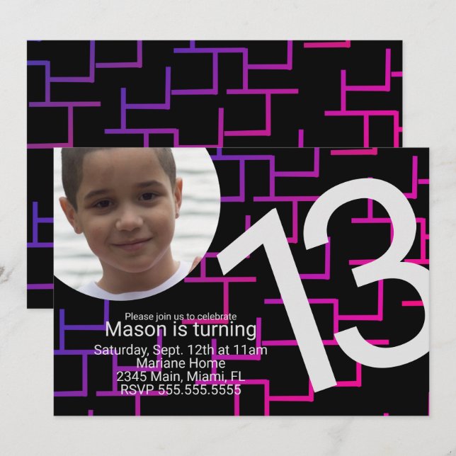 Neon Gaming Birthday Party Maze Gamer Foto  Einladung (Vorne/Hinten)