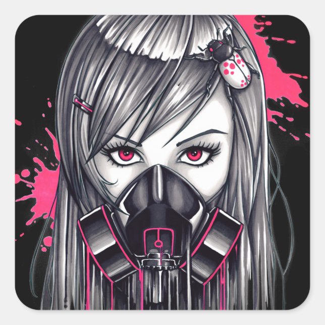 Neon Gas Mask Girl Quadratischer Aufkleber (Vorderseite)