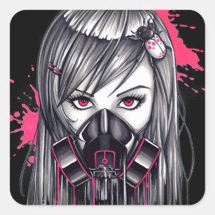 Neon Gas Mask Girl Quadratischer Aufkleber