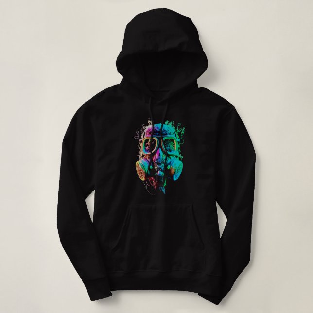 Neon Gas Mask: Vibrant Chaos Art Hoodie (Design vorne)
