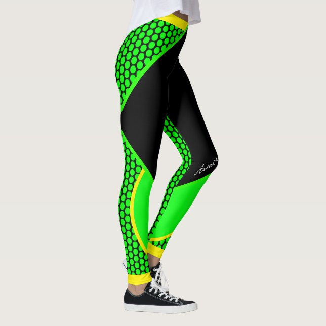 Neon Gelb Schwarz Grüne Punkte Streifen Leggings (Rechts)