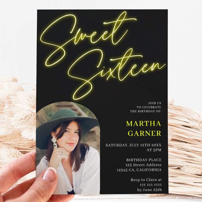 Neon Gelb Zeichen Drehbuch Spaß Foto Bogen Sweet 1 Einladung (Von Creator hochgeladen)