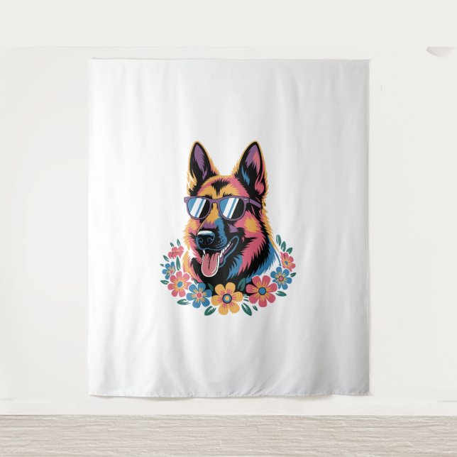 Neon German Shepherd mit Sonnenbrille Wandteppich (Vorderseite)