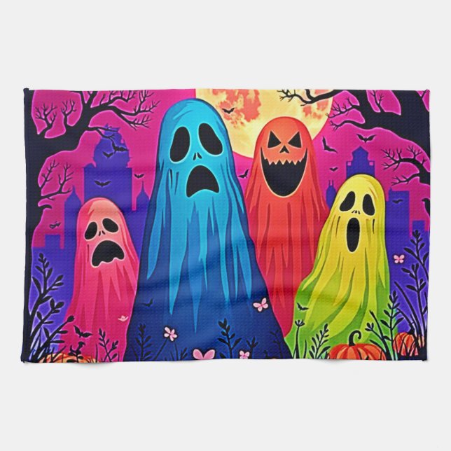 Neon Ghosts' Halloween-Party Design Geschirrtuch (Horizontal)