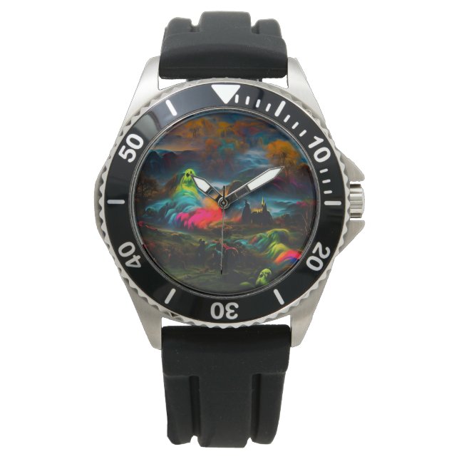 Neon Ghosts in einer Spuk Fantasielandschaft Armbanduhr (Vorderseite)