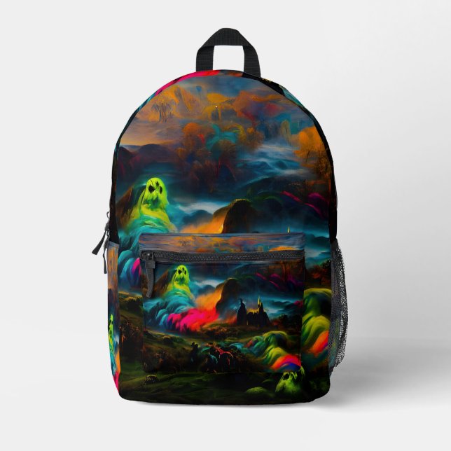 Neon Ghosts in einer Spuk Fantasielandschaft Bedruckter Rucksack (Vorderseite)