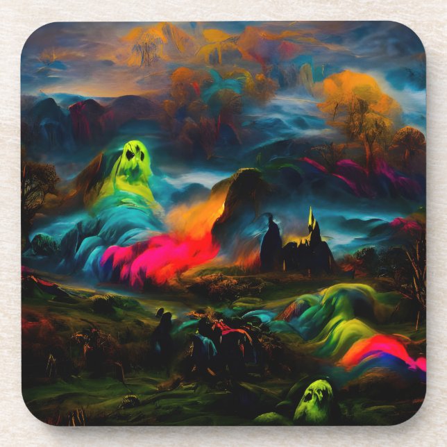 Neon Ghosts in einer Spuk Fantasielandschaft Getränkeuntersetzer (Vorderseite)