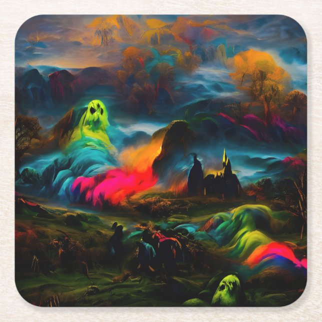 Neon Ghosts in einer Spuk Fantasielandschaft Rechteckiger Pappuntersetzer (Vorderseite)