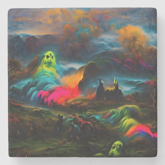 Neon Ghosts in einer Spuk Fantasielandschaft Steinuntersetzer (Vorderseite)