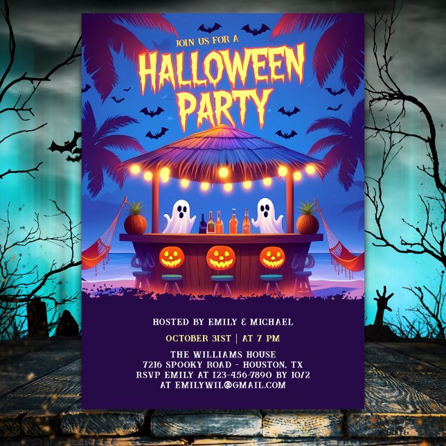 Neon Ghosts & Pumkins Tropical Bar Halloween Party Einladung (Neon Ghosts & Pumkins Tropical Bar Halloween Party Invitation)