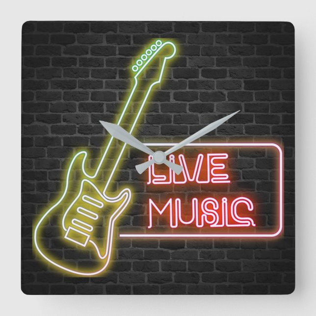 Neon-Gitarre-Schild auf Backstein Quadratische Wanduhr (Vorderseite)