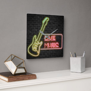 Neon-Gitarre-Schild auf Backstein Quadratische Wanduhr