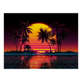 Neon-Gitter-Palmsonnenuntergang Poster