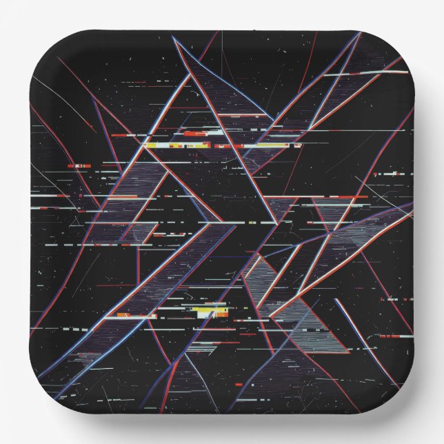 Neon-Glitchcore-Geometrische Formen auf Schwarz Pappteller (Vorderseite)