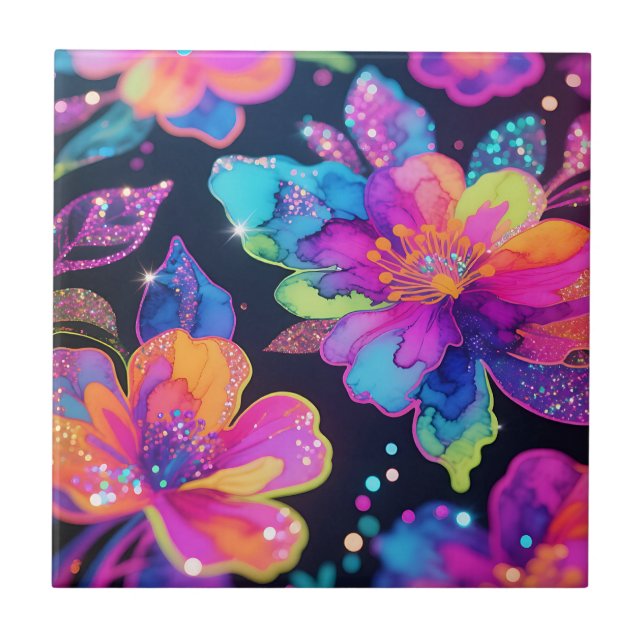 Neon-Glitter-Blumenmuster Fliese (Vorderseite)