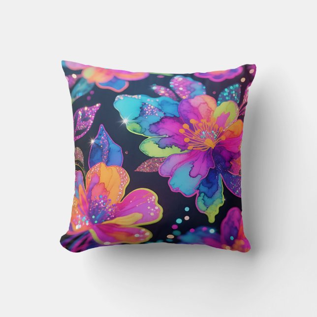 Neon-Glitter-Blumenmuster Kissen (Vorderseite)
