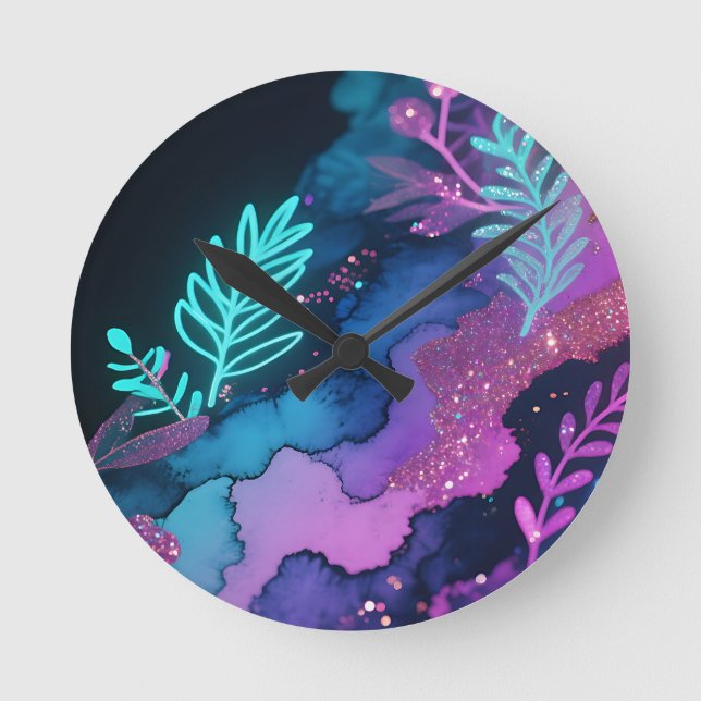 Neon-Glitter-Botanical-Abstrakt Runde Wanduhr (Vorderseite)