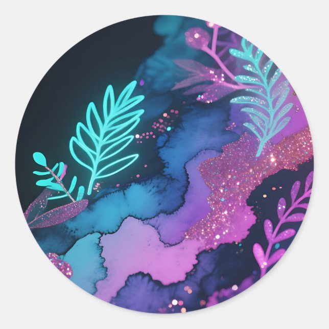 Neon-Glitter-Botanik-Abstrakt Runder Aufkleber (Vorderseite)