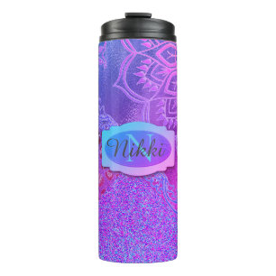 Neon Glittery Lotus Leopard Lila Monogramm Thermosbecher