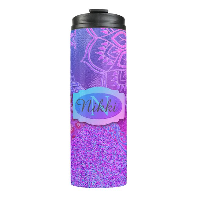 Neon Glittery Lotus Leopard Lila Monogramm Thermosbecher (Vorderseite)