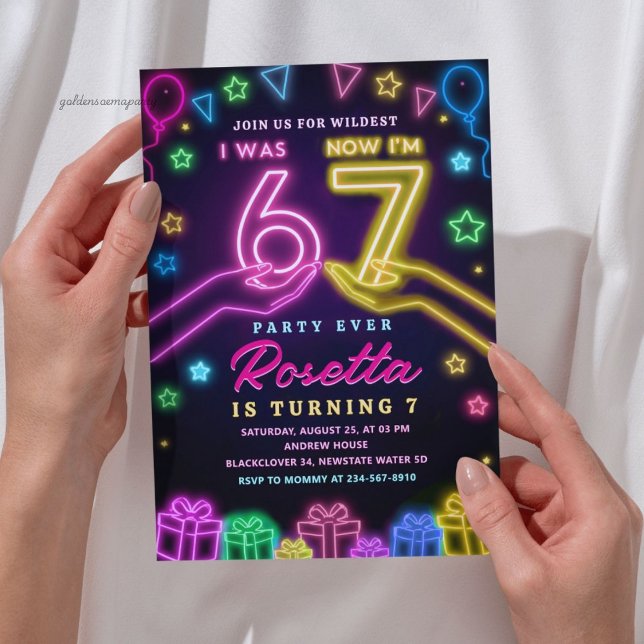 Neon Glow 7th Birthday | I Was 6 Now I Am 7 Viral  Einladung (Neon Glow 7th Birthday | I Was 6 Now I Am 7 Viral Invitation)