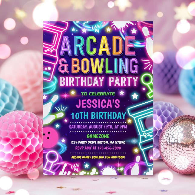 Neon Glow Arcade und Bowling Birthday Party Einladung (Von Creator hochgeladen)