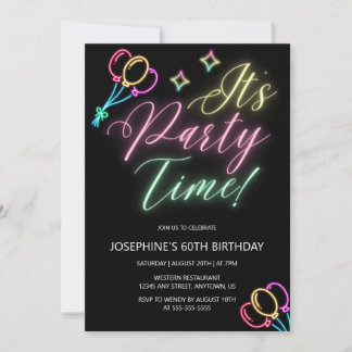 Neon Glow Balloon Party Time Birthday Einladung