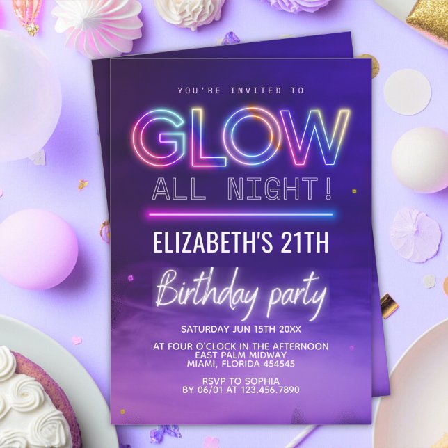 Neon Glow Birthday Party – Glow All Night Theme Einladung (Von Creator hochgeladen)