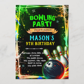 Neon glow bowling boy theme invitation einladung