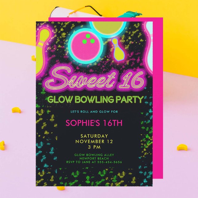 Neon Glow Bowling Party Girly Niedlich Sassy Sweet Einladung (glow bowling sweet sixteen 16th birthday party invitation neon nostalgia 80s fun retro girly cute)