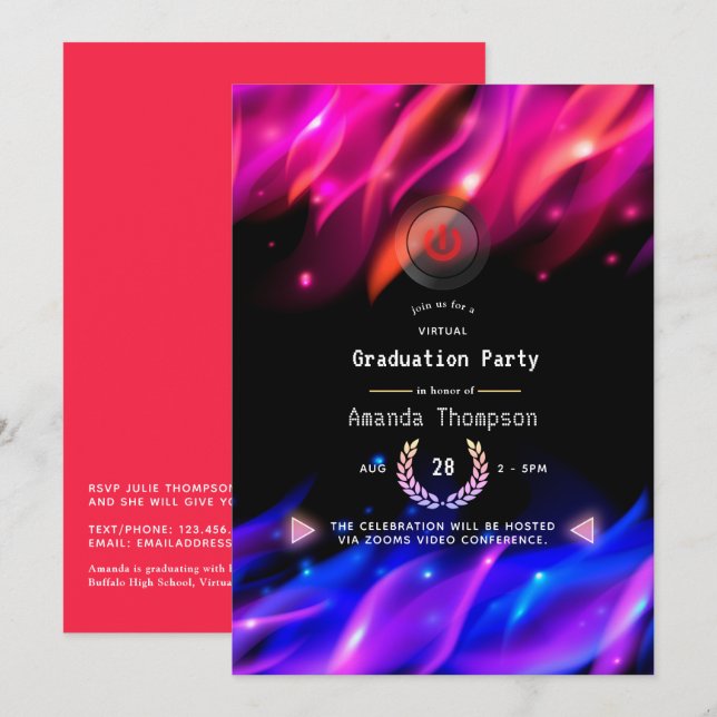 Neon Glow Flames Virtual Graduation Party Einladung (Vorne/Hinten)