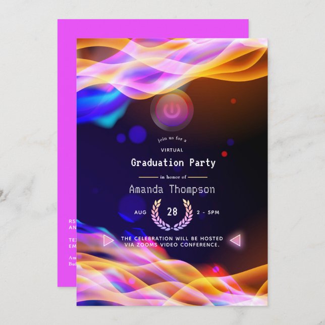Neon Glow Flames Virtual Graduation Party Einladung (Vorne/Hinten)