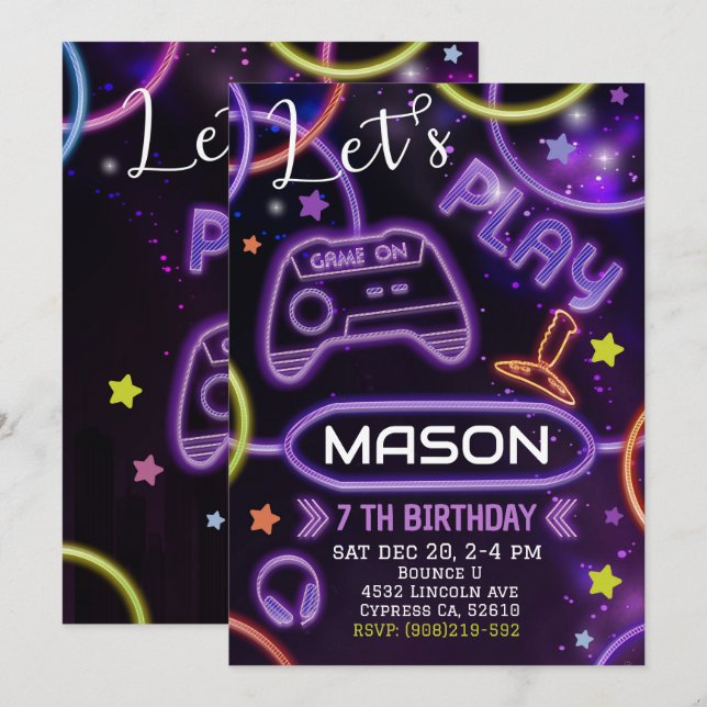 Neon Glow Gaming Einladung zum Geburtstag (Vorne/Hinten)