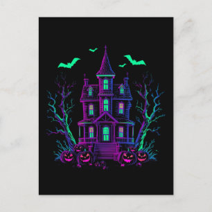 Neon-Glow-Geisterhaus Fledermäuse und Kürbisse Postkarte