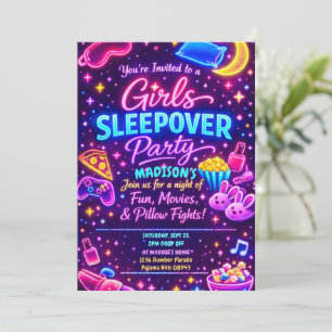 Neon Glow Girls Pyjama-Party Nacht Einladung
