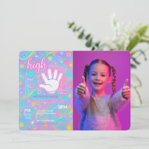 Neon Glow High Five 5. Geburtstagsparty Foto Einladung