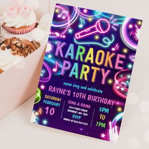 Neon Glow Karaoke Singing Music Birthday Party Einladung