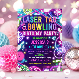 Neon Glow Laser Tag und Bowling Birthday Party Einladung