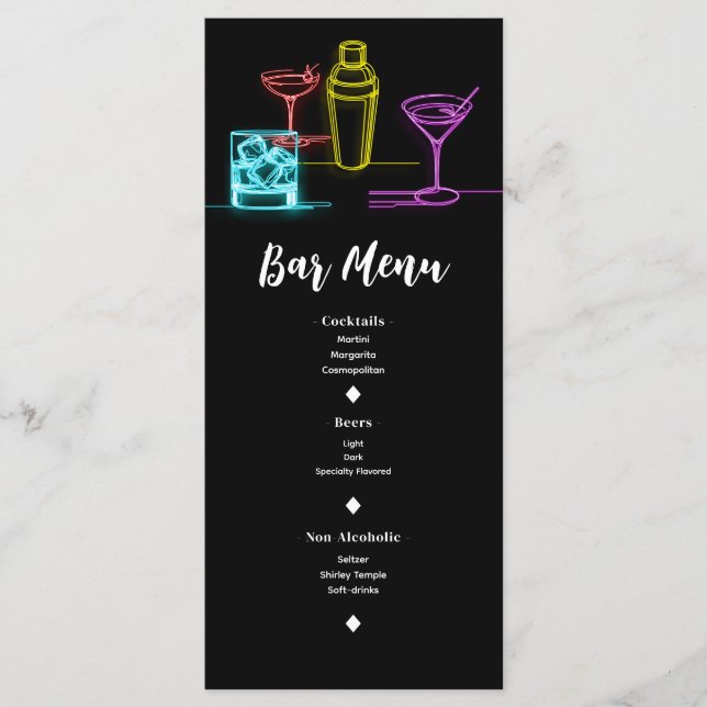 Neon Glow Lights Cocktails Open Bar Wedding Menu Menükarte (Vorderseite)