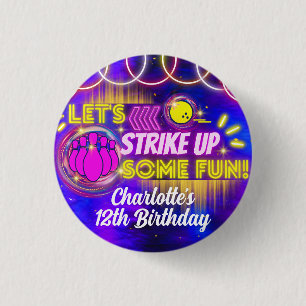 Neon Glow Lila Girl's Bowling Birthday Party Button