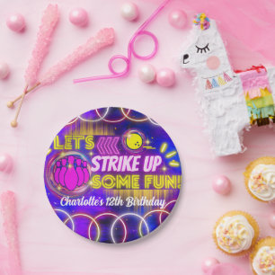 Neon Glow Lila Girl's Bowling Birthday Party Pappteller
