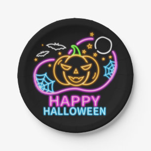 Neon Glow Look Halloween Pumpkin Bats Web Moon 7" Pappteller