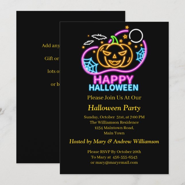 Neon Glow Look Halloween Pumpkin Bats Web Moon Einladung (Vorne/Hinten)