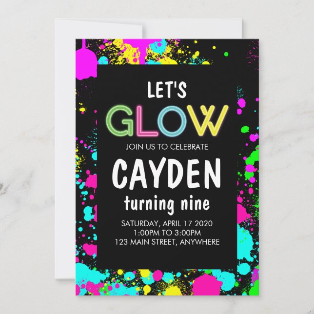 Neon Glow Paint Spritzer Geburtstag Einladung (Vorderseite)